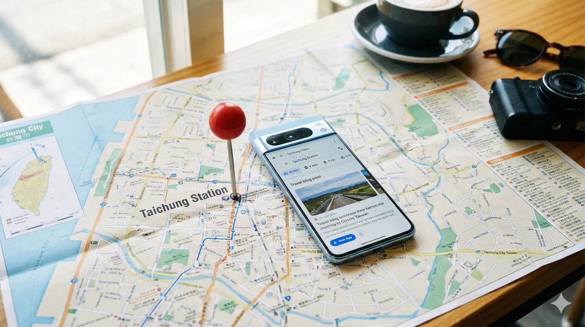 一支 Google Pixel 手機放置在台中市地圖上，標記出收購據點 / A Google Pixel phone resting on a map of Taichung city, highlighting the buyback location.